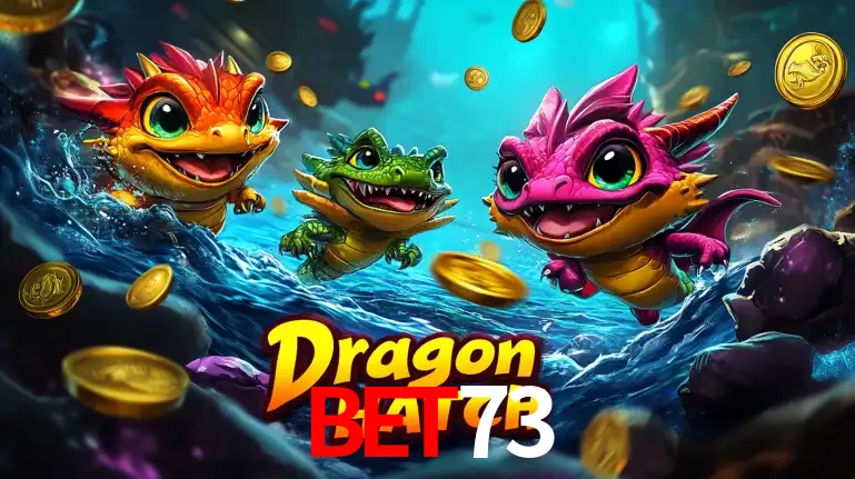 Arte promocional do jogo Dragon Hatch com três adoráveis dragões bebês nadando entre moedas de ouro, um dos slots mais divertidos para jogar no cassino BET73.