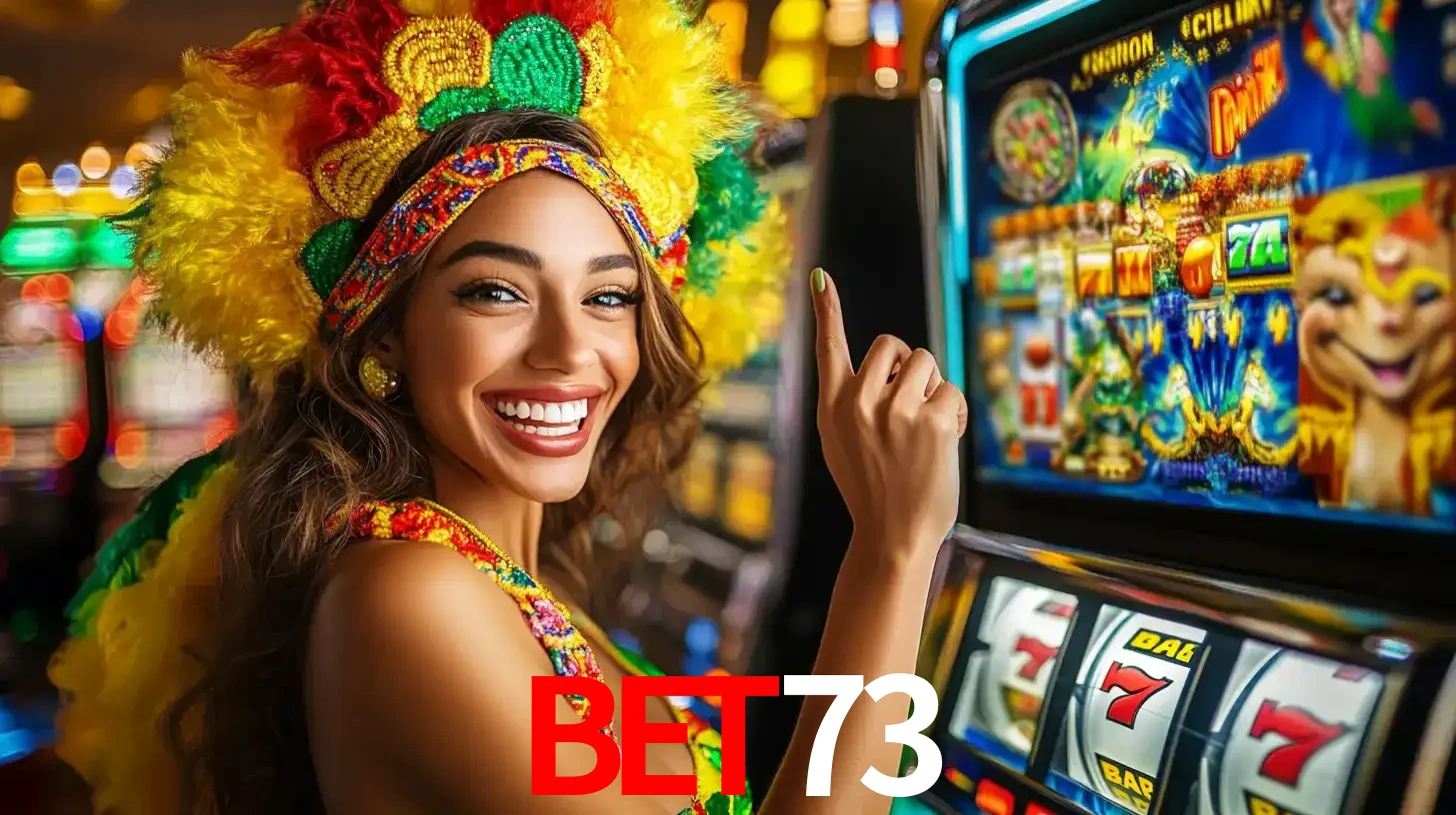 Mulher animada com um cocar de carnaval apontando para uma máquina de caça-níqueis, mostrando a emoção de ganhar um grande prêmio nos jogos do BET73.