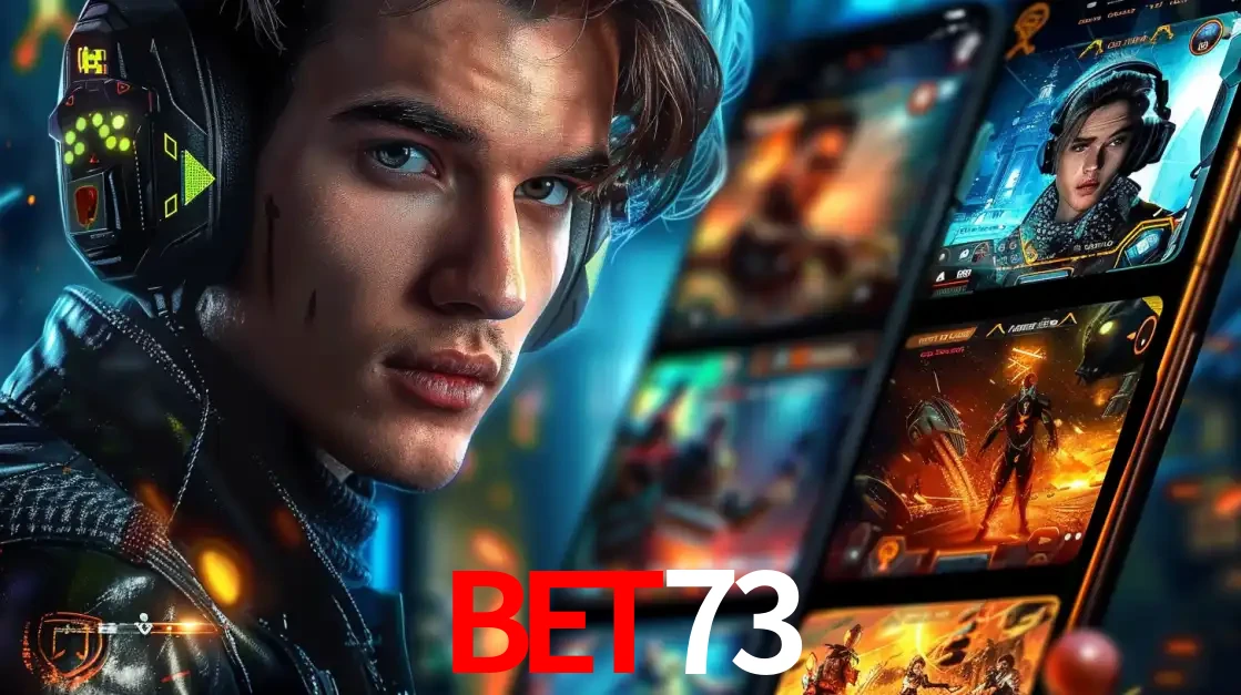 Jovem jogador com fones de ouvido olhando para a câmera, com um aplicativo de jogos e e-sports para celular ao fundo, pronto para a competição e apostas no BET73.