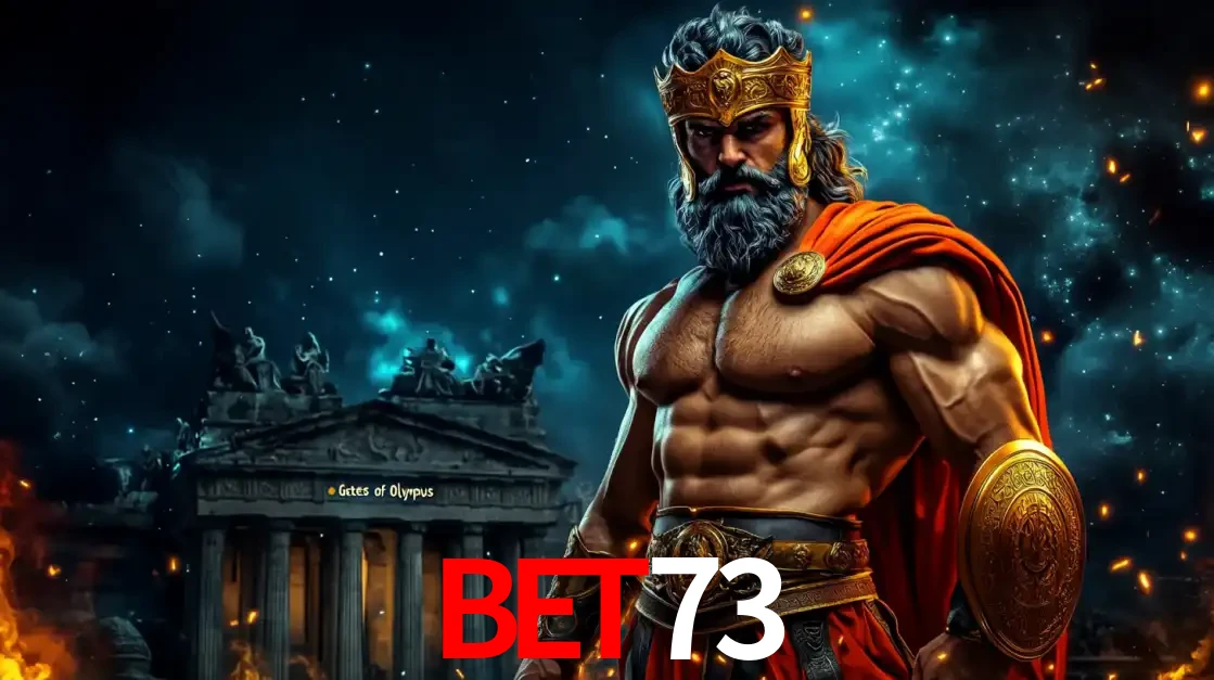 O poderoso Zeus do jogo de slot Gates of Olympus em frente ao seu templo, pronto para lançar multiplicadores divinos e prêmios épicos no cassino online BET73.