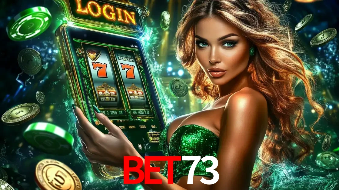 Mulher com tema verde apresentando o aplicativo do cassino BET73 com um jogo de slot de 777, cercada por fichas de cassino e uma aura de sorte.