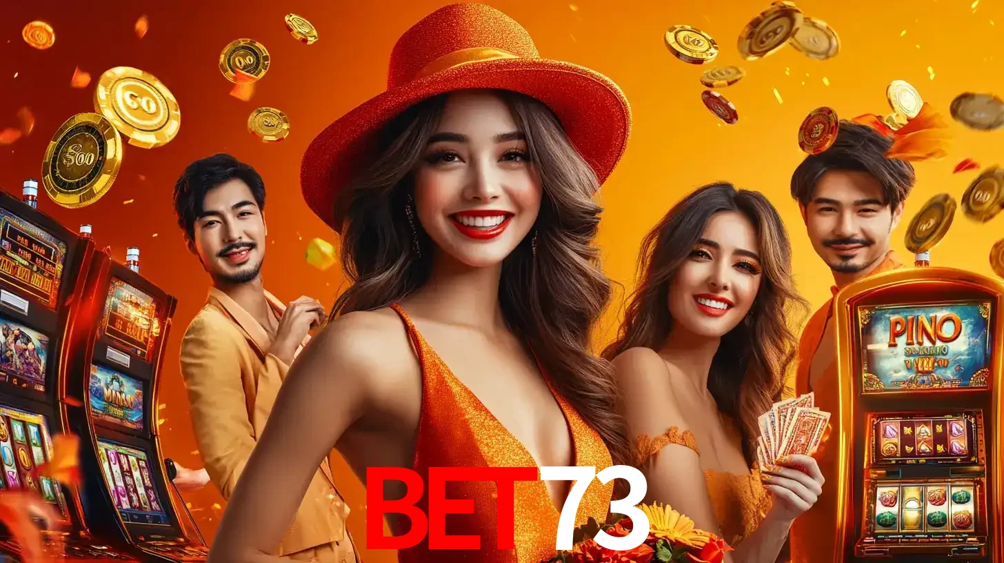Grupo de amigos asiáticos sorrindo e se divertindo com máquinas de caça-níqueis em um ambiente festivo, celebrando suas vitórias nos jogos de cassino do BET73.