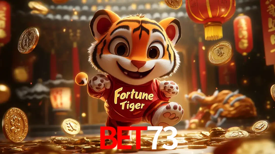 O alegre personagem do Fortune Tiger correndo sobre um caminho de moedas de ouro, simbolizando os grandes prêmios e a diversão do popular jogo de slot do BET73.