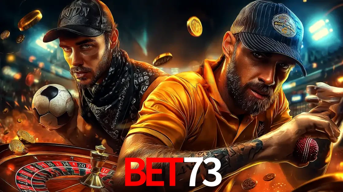 Montagem de apostas esportivas e cassino no BET73, com um homem segurando uma bola de futebol e outro uma de beisebol sobre uma roleta e moedas voadoras.