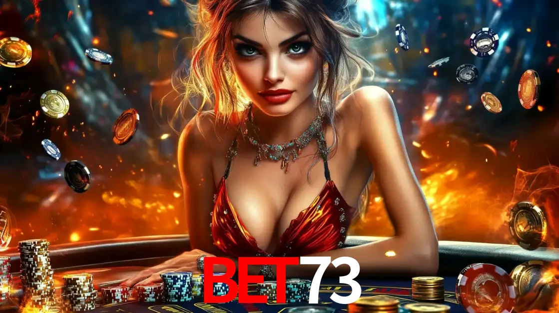 Mulher em uma mesa de cassino com pilhas de fichas e um fundo de fogo, pronta para uma rodada de altas apostas nos jogos de mesa emocionantes do cassino BET73.