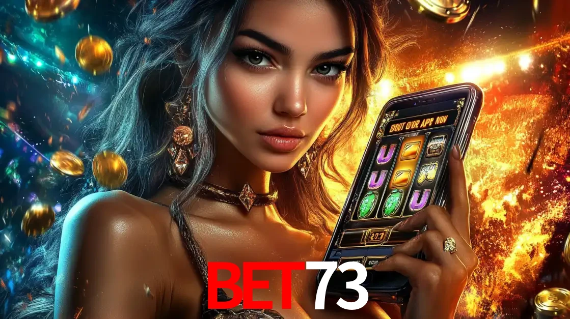 Mulher elegante mostrando um jogo de caça-níqueis em seu smartphone, destacando a experiência de cassino móvel oferecida pelo aplicativo BET73.