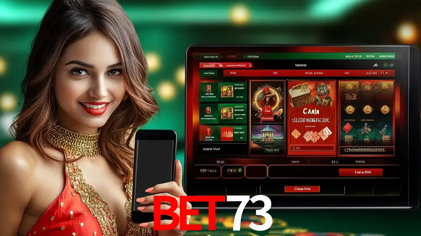 Mulher sorridente segurando um smartphone, ao lado de uma tela exibindo o lobby de jogos do cassino online BET73, com várias opções de jogos de cartas e slots.